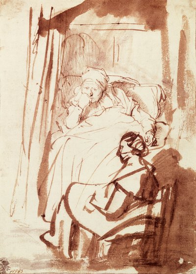 Saskia deitada na cama, uma mulher sentada a seus pés de Rembrandt Harmensz. van Rijn