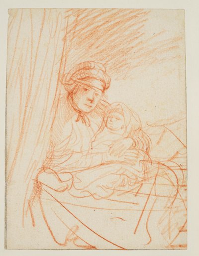 Saskia sentado na cama, segurando uma criança, 1635 cerca de de Rembrandt van Rijn