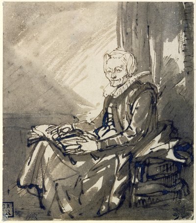 Mulher sentada com um livro aberto no colo, c.1639 (caneta, tinta castanha e lavagem castanha) de Rembrandt Harmensz. van Rijn