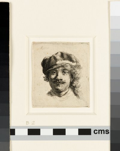 Autorretrato com capa flexível, c.1634 (gravura) de Rembrandt van Rijn