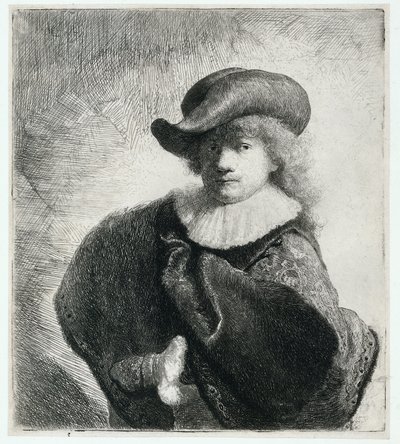 Autorretrato com chapéu macio e capa estampada de Rembrandt Harmensz. van Rijn