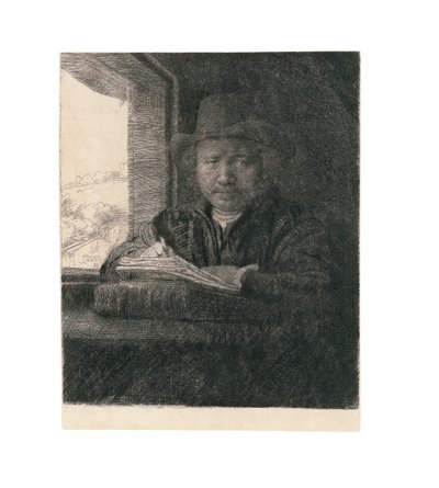 Desenho de autorretrato em uma janela, 1648 de Rembrandt van Rijn