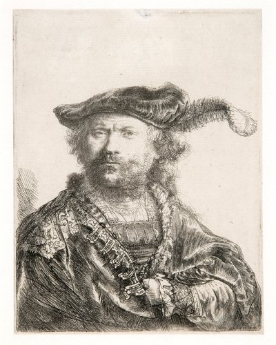 Autorretrato com gorro de veludo e pluma de Rembrandt Harmensz. van Rijn