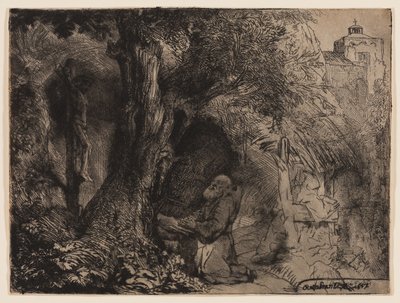 São Francisco debaixo de uma árvore rezando de Rembrandt Harmensz. van Rijn