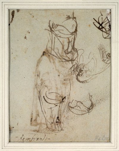 Estudos de um toucado alto; e de uma cabeça invertida do recto (caneta e tinta sobre papel) (verso de 2636119) de Rembrandt Harmensz. van Rijn