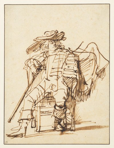 Estudo de um ator sentado de chapéu emplumado - Capitano da Commedia dell "Arte, reto, 1636-c.1638 de Rembrandt van Rijn