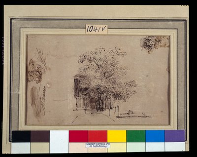 Estudo de uma árvore em frente de uma casa (caneta e tinta com lavagem em papel) de Rembrandt Harmensz. van Rijn
