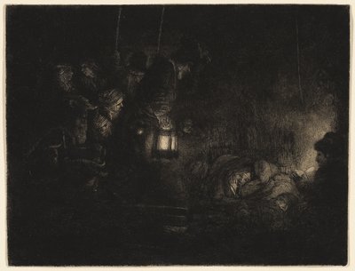 A Adoração dos Pastores: Uma peça nocturna, c.1657 (gravura, ponto seco, e queimadura em preto sobre papel marfim) de Rembrandt Harmensz. van Rijn