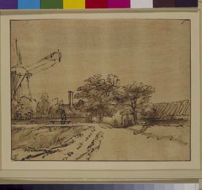O moinho de vento no baluarte do Sint Anthonispoort, Amsterdão, c.1650 (caneta e tinta sobre papel) de Rembrandt Harmensz. van Rijn