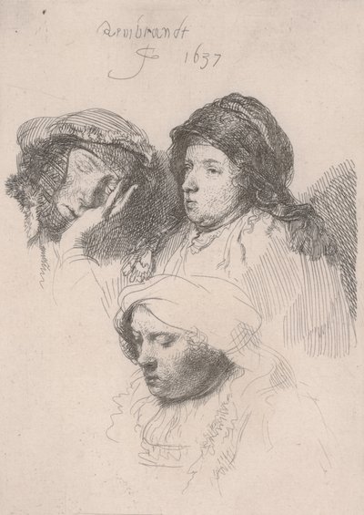 Três cabeças de mulheres, uma adormecida de Rembrandt van Rijn