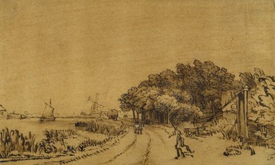 Vista no Amstel: a estrada no Amsteldijk que leva a Trompenburg, c.1649-50 (caneta e tinta com lavagem castanha e corpulência branca sobre papel) de Rembrandt Harmensz. van Rijn