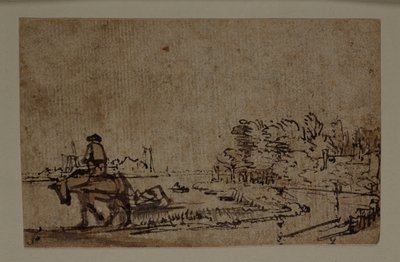Vista sobre o Amstel, com um cavalo a rebocar uma barcaça, c.1650 (caneta e tinta com lavagem castanha sobre papel) de Rembrandt Harmensz. van Rijn