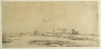 Água, prados e uma roça (caneta e tinta sobre papel) de Rembrandt Harmensz. van Rijn