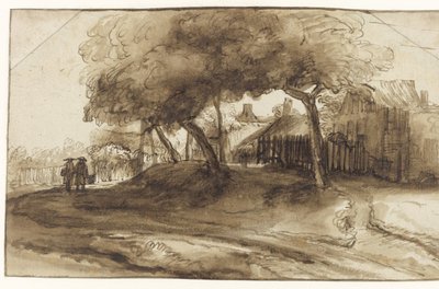 Casas e Árvores num Dique de Rembrandt van Rijn (school of)