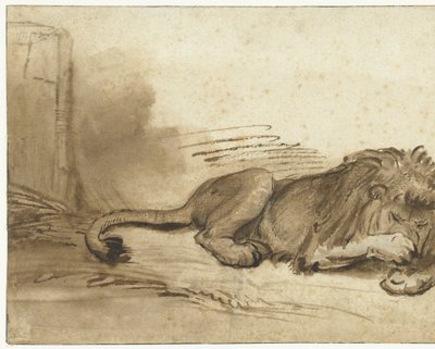 Leão reclinado com a pata dianteira sobre o focinho de Rembrandt van Rijn (school of)