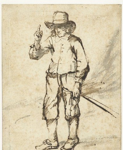 Menino de pé segurando um chicote e levantando a mão direita de Rembrandt van Rijn (school of)