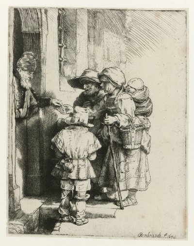 Um jogador cego de viela e sua família Um tocador de realejo cego e família recebendo esmolas de Rembrandt van Rijn