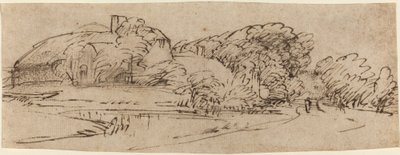 Uma paisagem com edifícios agrícolas entre árvores de Rembrandt van Rijn