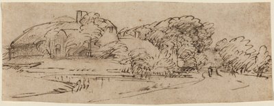 Uma paisagem com edifícios agrícolas entre árvores de Rembrandt van Rijn
