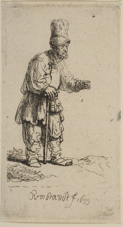 Um camponês de boné alto, de pé, apoiado em uma vara, 1639. de Rembrandt van Rijn