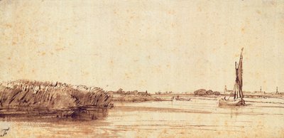 Um rio com um barco à vela em Nieuwe Meer de Rembrandt van Rijn