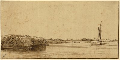 Um barco à vela em uma ampla extensão de água, c.1650 (caneta e tinta marrom e marrom lavar, em papel colorido) de Rembrandt van Rijn