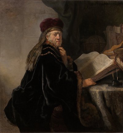 Um estudioso sentado em uma mesa Estudioso em seu estudo de Rembrandt van Rijn