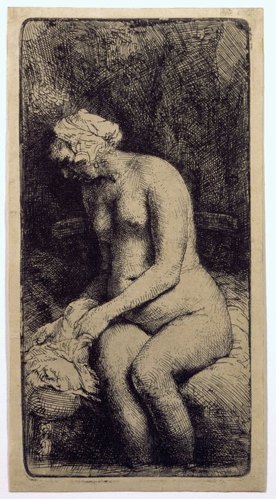 Uma mulher banhando os pés em um riacho de Rembrandt van Rijn
