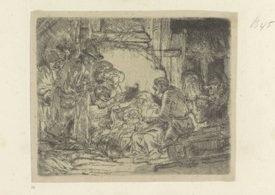 Aanbidding der herders: met de olielamp
Colecção de oitenta e cinco estampas originais (título da série) de Rembrandt van Rijn