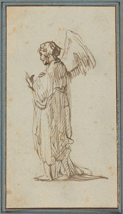 Anjo de pé (caneta e tinta castanha sobre traços de carvão sobre papel vegetal) de Rembrandt van Rijn