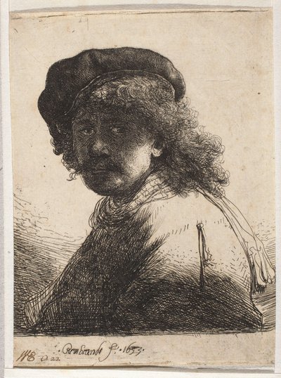 Auto-retrato com boina e xaile de Rembrandt van Rijn