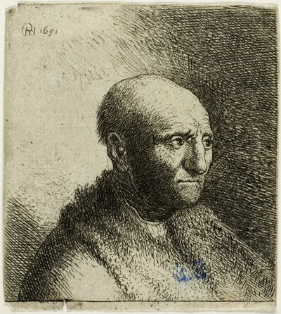 Homem careca em uma capa de pele: busto de Rembrandt van Rijn