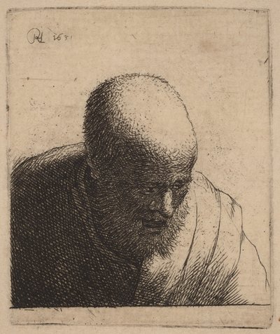 Homem careca com a boca aberta, a olhar para baixo de Rembrandt van Rijn