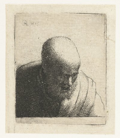 Homem careca com a boca aberta, olhando para baixo: busto de Rembrandt van Rijn