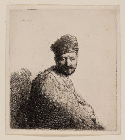 Homem barbudo, de boné oriental peludo e manto de Rembrandt van Rijn