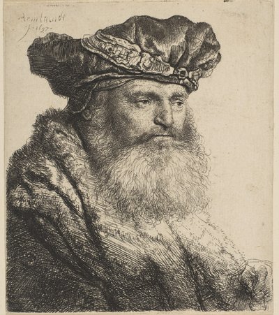 Homem barbudo em um boné de veludo com um fecho de joia, 1637. de Rembrandt van Rijn