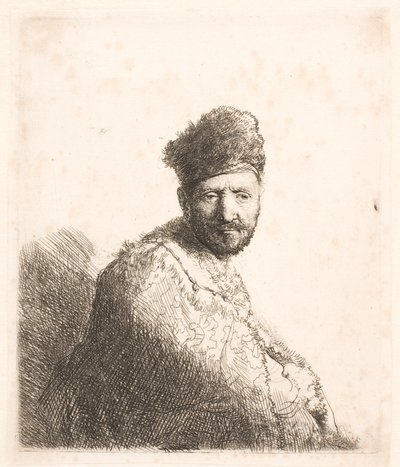 Homem barbudo (o pai de Rembrandt) com gorro oriental forrado a pele e túnica: retrato de meio corpo de Rembrandt van Rijn