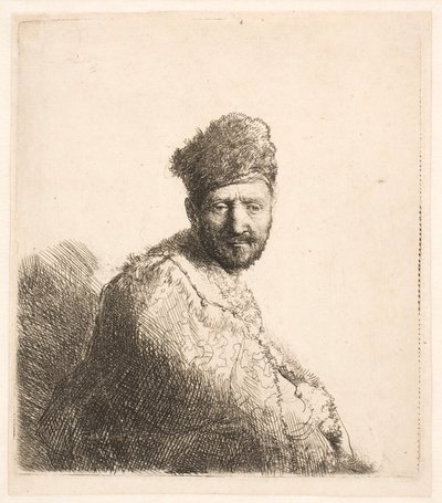 Homem barbudo (o pai de Rembrandt) com gorro oriental forrado a pele e túnica: retrato de meio corpo de Rembrandt van Rijn
