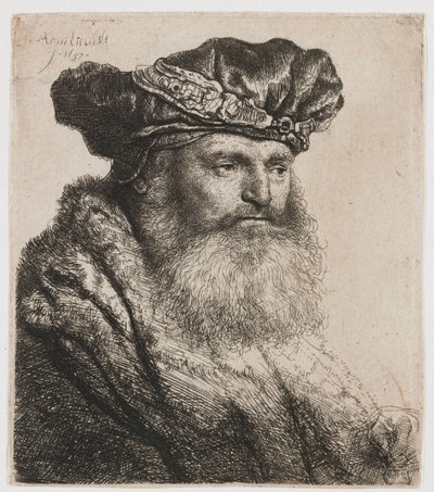 Homem barbudo em um gorro de veludo com fecho de joia de Rembrandt van Rijn