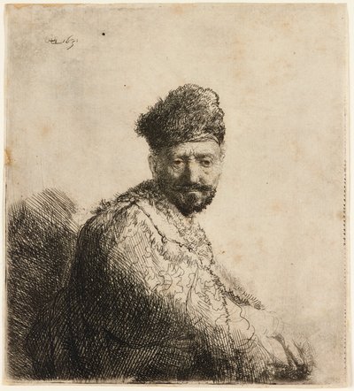 Homem barbudo com gorro oriental peludo: o pai do artista, 1631. de Rembrandt van Rijn