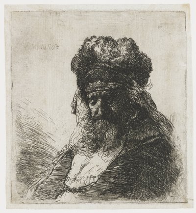 Velho barbudo em um gorro de pele alto, com os olhos fechados de Rembrandt van Rijn