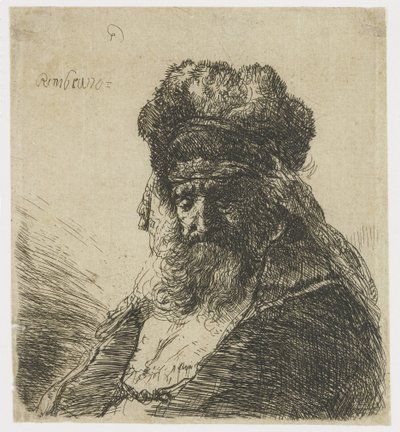 Velho barbudo em um gorro de pele alto, com os olhos fechados de Rembrandt van Rijn