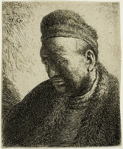 Homem sem barba em uma capa de pele e boné: busto de Rembrandt van Rijn