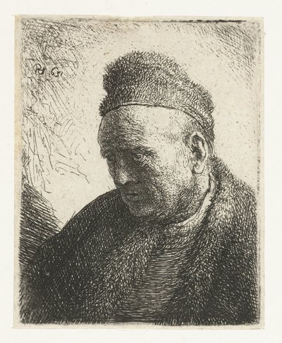 Homem sem ursos com capa de pele e boné: busto de Rembrandt van Rijn