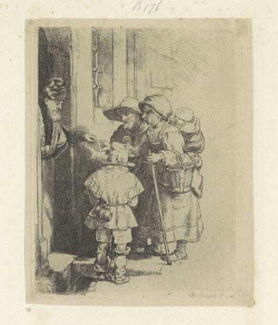 A família mendiga recebe esmolas à porta de uma casa
Recueil de quatre-vingt-cinq estampes originales (título da série) de Rembrandt van Rijn