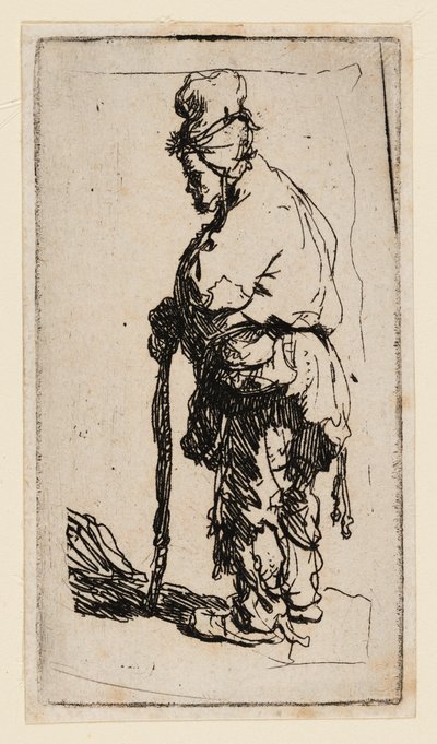 Mendigo apoiado em uma vara, virado para a esquerda de Rembrandt van Rijn