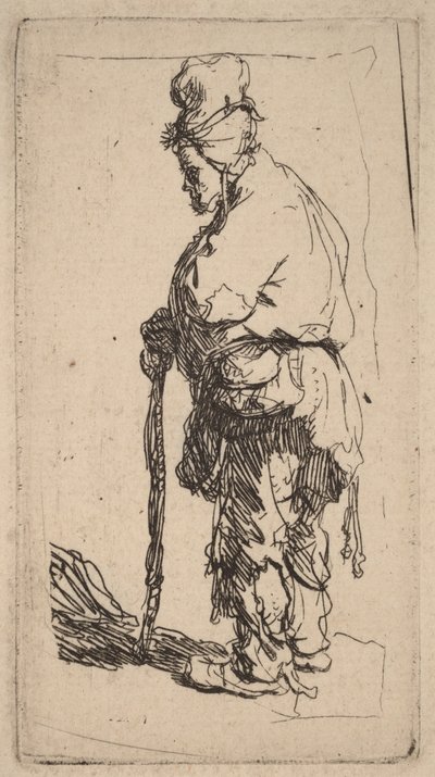 Mendigo apoiado numa bengala, virado para a esquerda de Rembrandt van Rijn