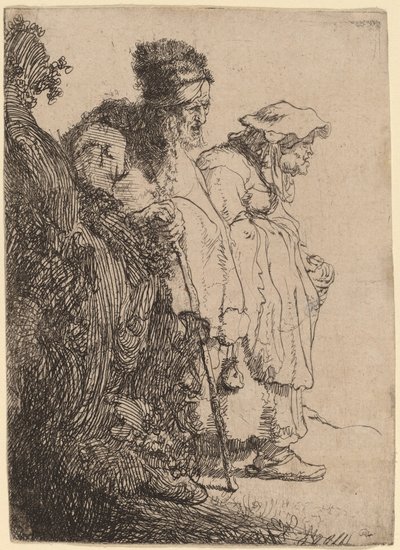 Mendigo e mulher atrás de um banco de Rembrandt van Rijn