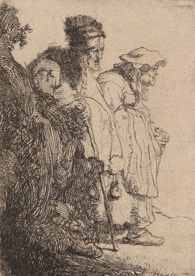 Mendigo e mulher atrás de um banco, c. 1630. de Rembrandt van Rijn