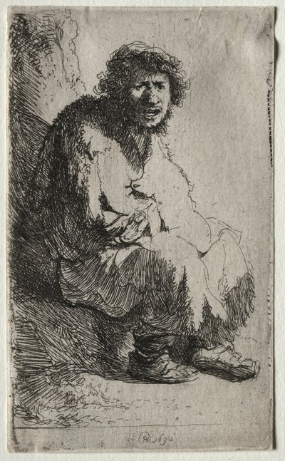 Mendigo sentado em um banco de Rembrandt van Rijn